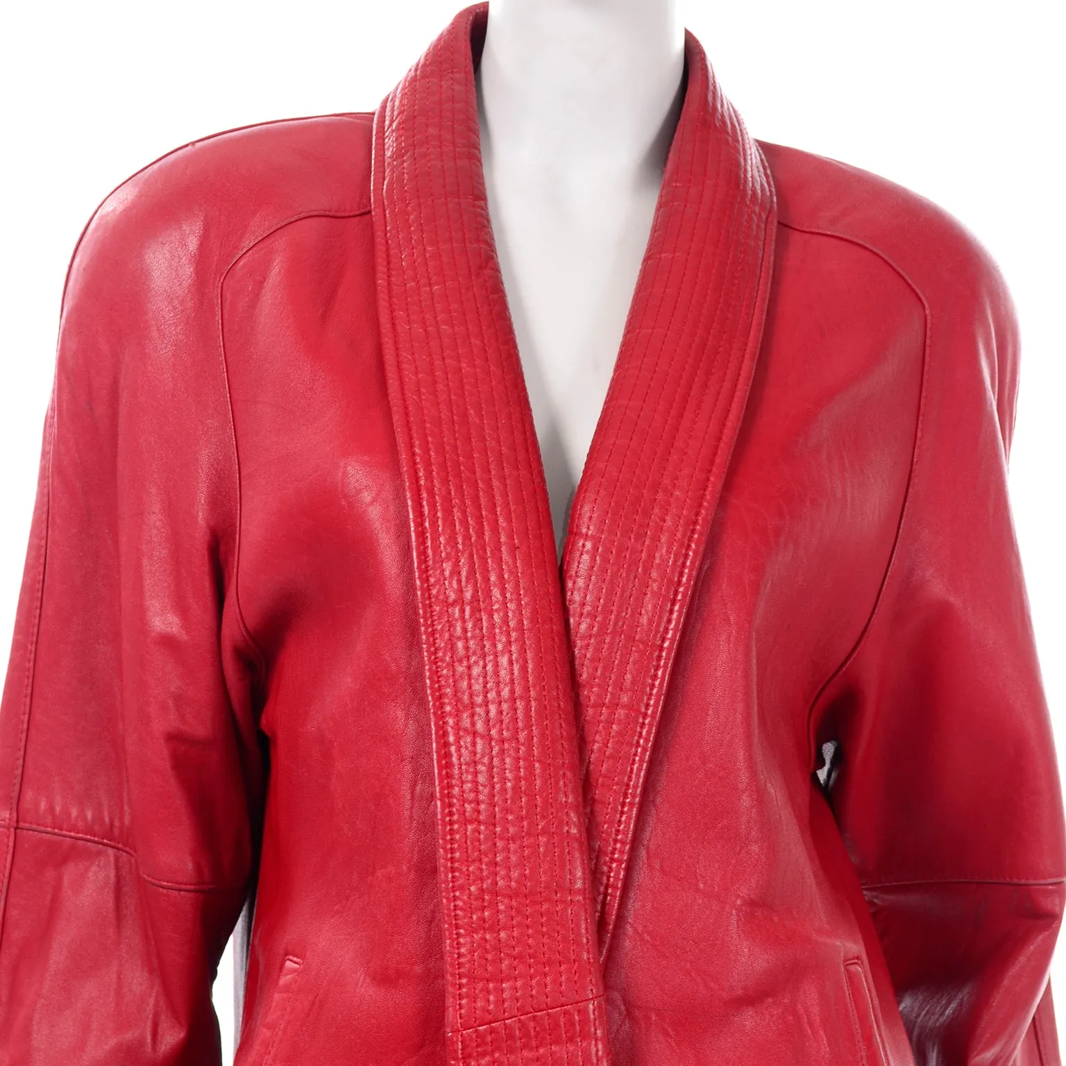 1980s Red Vintage Leather Open Front Coat With Shawl Collar