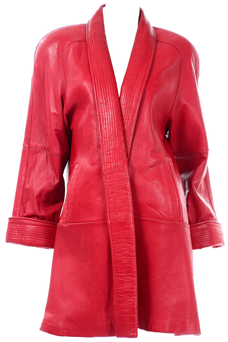 1980s Red Vintage Leather Open Front Coat With Shawl Collar