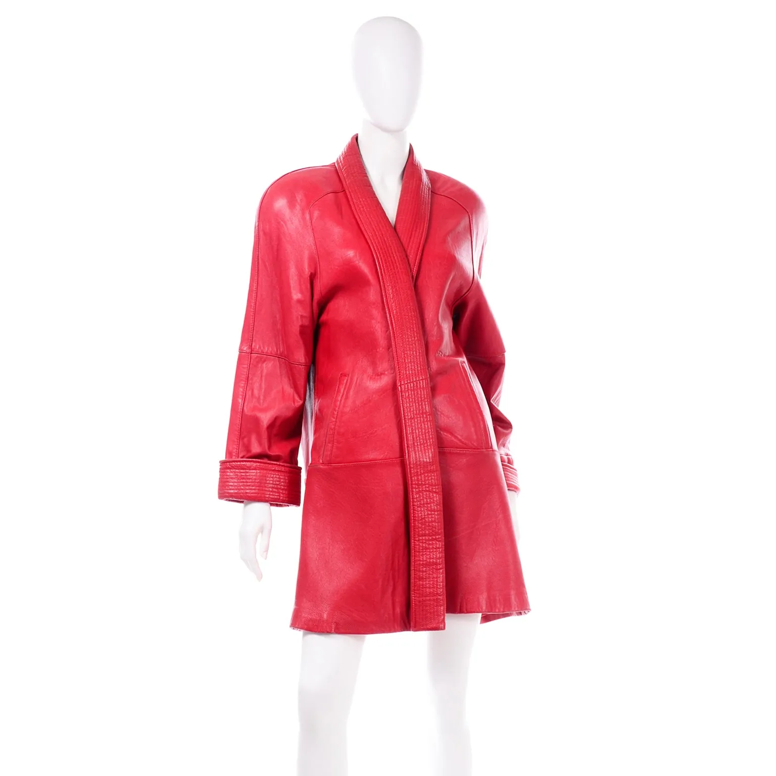 1980s Red Vintage Leather Open Front Coat With Shawl Collar