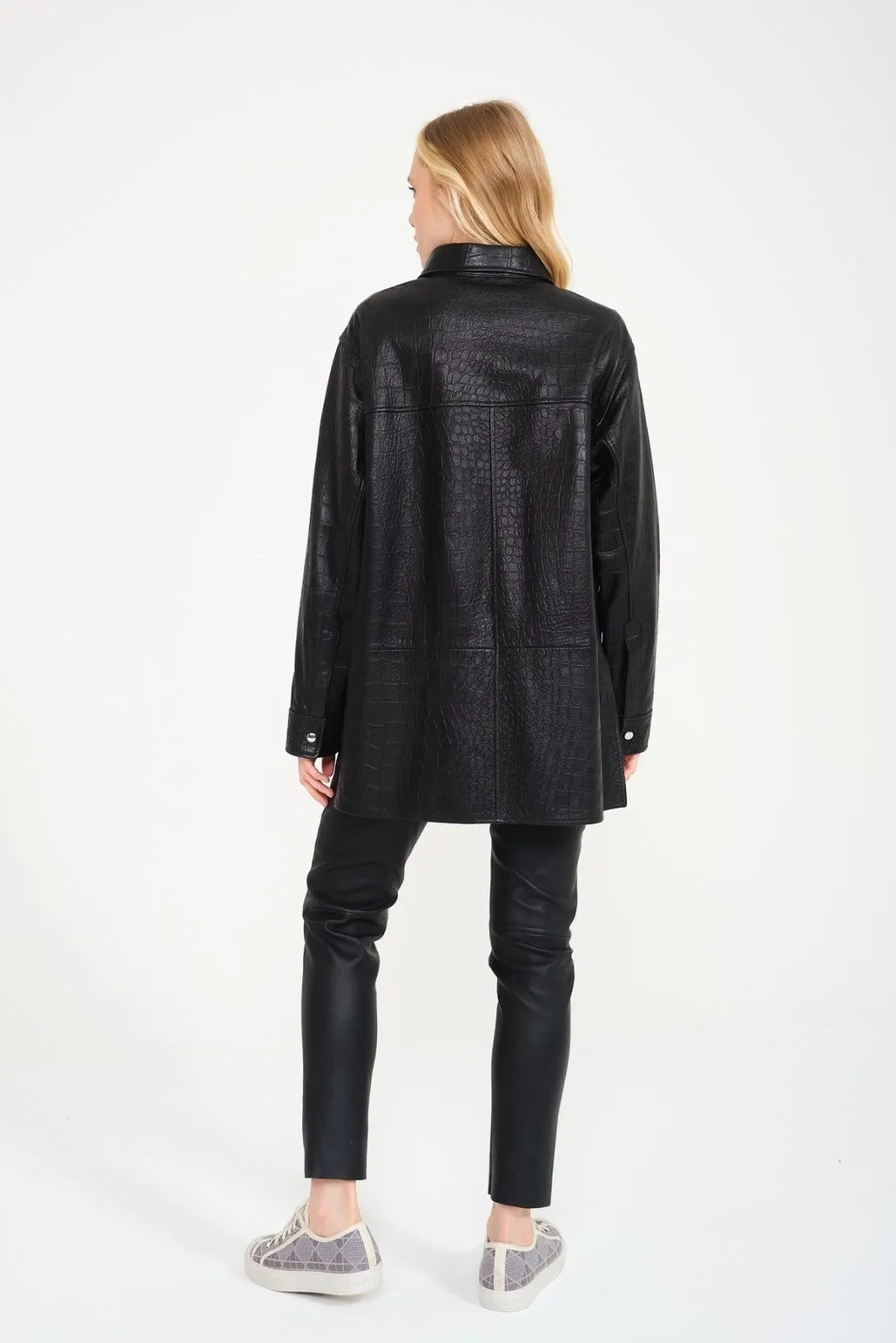 Black Crocodile Pattern Leather Coat