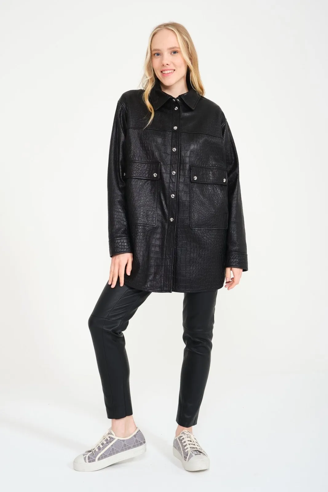 Black Crocodile Pattern Leather Coat