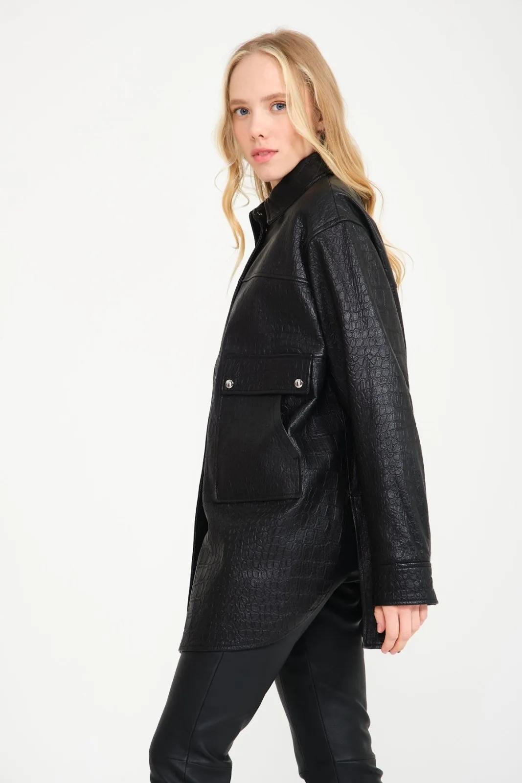 Black Crocodile Pattern Leather Coat