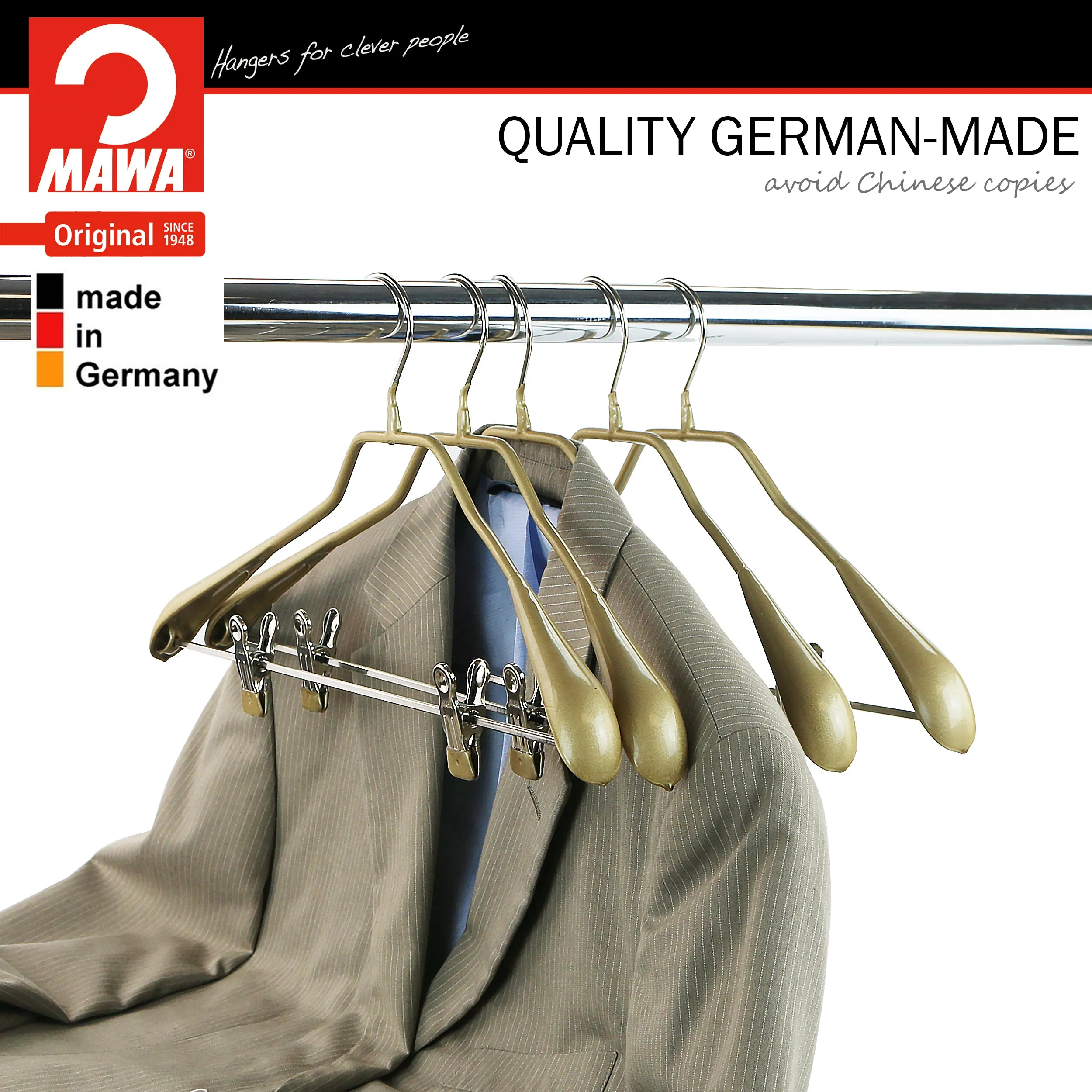 BodyForm Series -  Steel Coated Hanger with Shoulder Support & Adjustable Clips, Model 42-LK, Gold