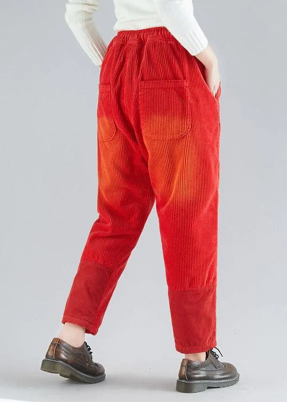 Casual Red retro Colorblock Tie Waist Fall Corduroy Pants