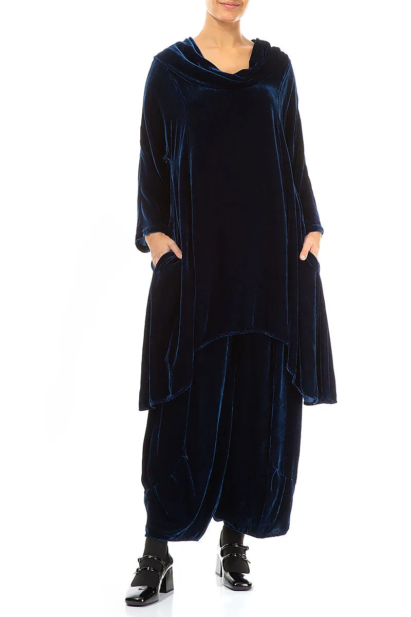 Cowl Neck Asymmetric Azure Silk Velvet Tunic