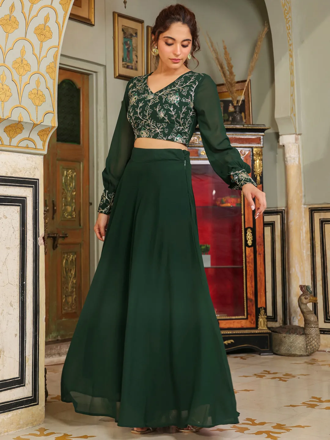 Dark Green Georgette Embroidered Top With Skirt Set