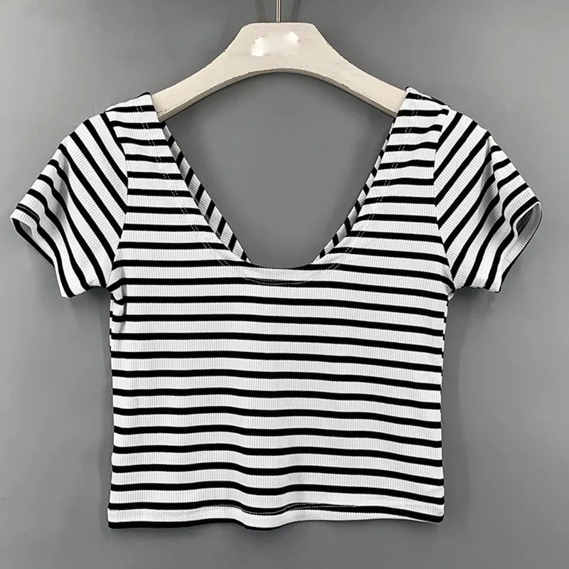 Fashionkova  Striped Crop Top T Shirt Women Short Sleeve Sexy Backless Tshirt Slim Womens Clothes 2022 Summer Tops Cotton Tee Shirt Camisetas