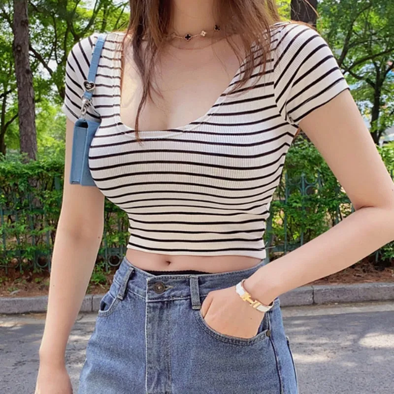 Fashionkova  Striped Crop Top T Shirt Women Short Sleeve Sexy Backless Tshirt Slim Womens Clothes 2022 Summer Tops Cotton Tee Shirt Camisetas