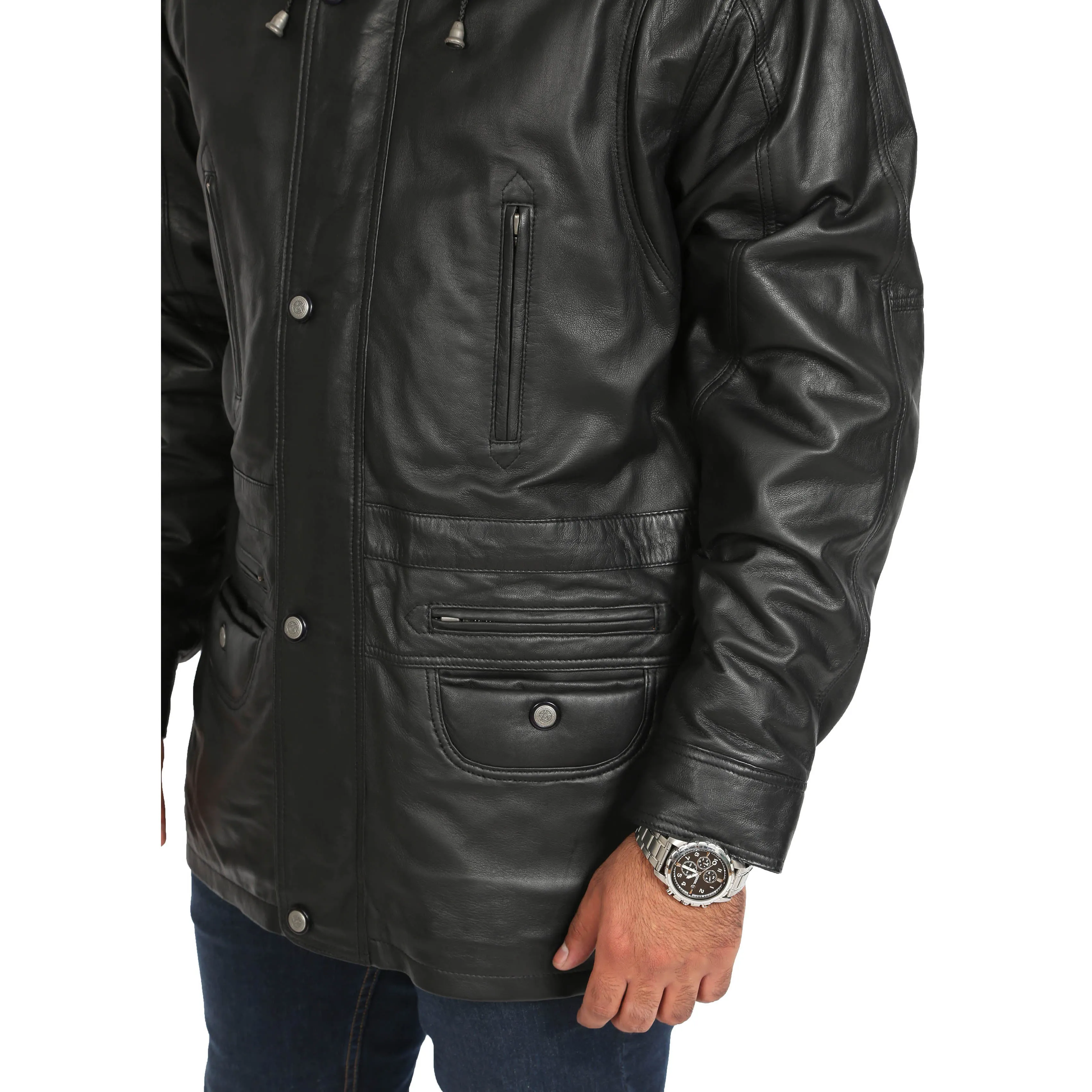 Gents Classic Soft Leather Parka Car Coat Steve Black