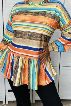 GJQ8019 Multi color striped long sleeve baby doll blouse w/hoodie ruffle bottom