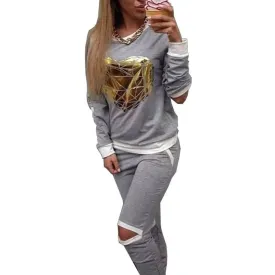 Gold Heart Hollow Out Lady Tracksuit Sweatshirt   Pant