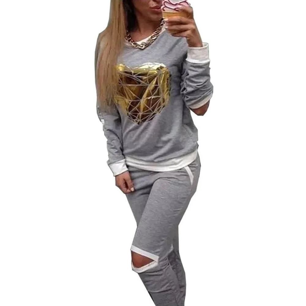 Gold Heart Hollow Out Lady Tracksuit Sweatshirt   Pant