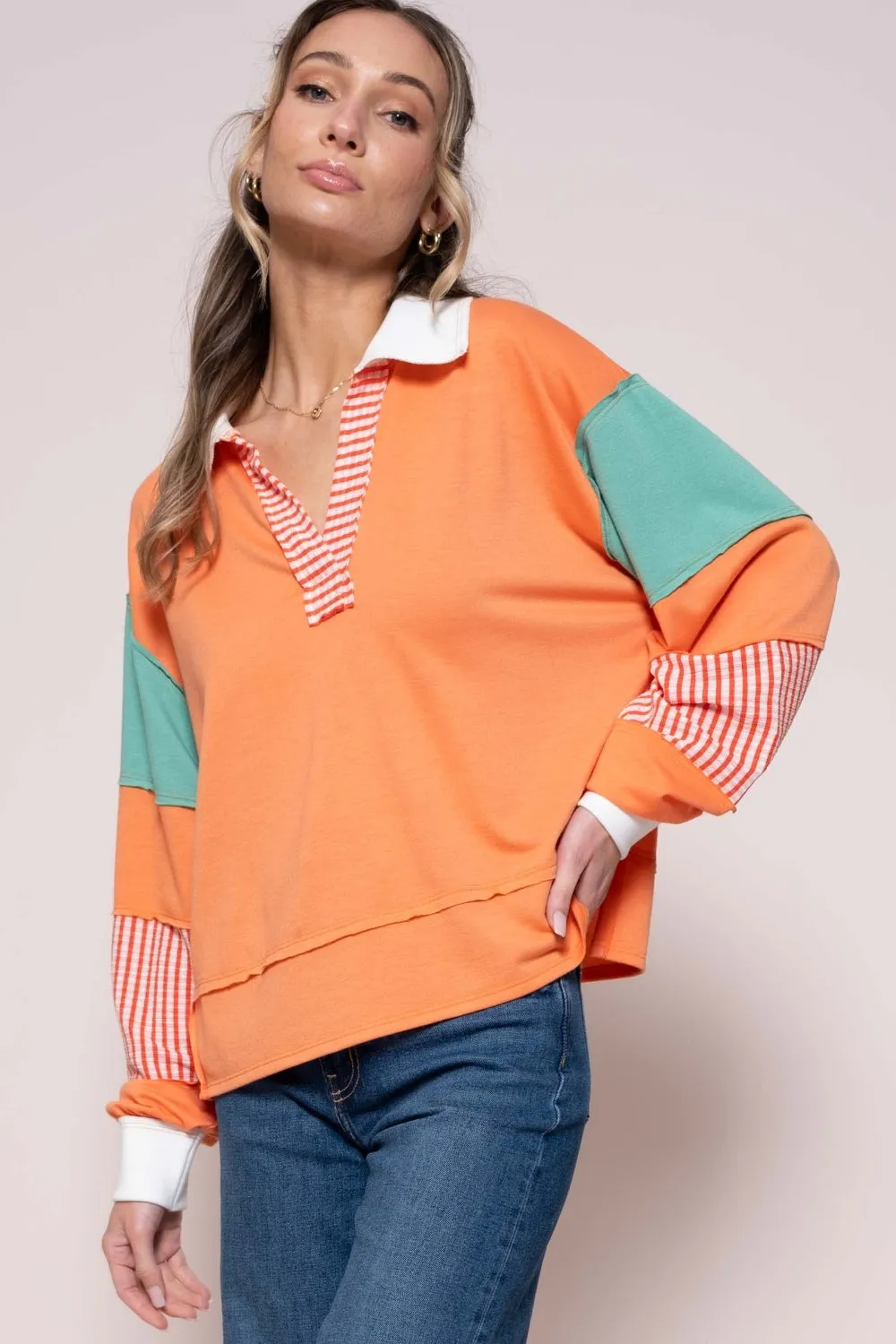 Hot Girl Hailey & Co Color Block with Striped Panel In Orange Long Sleeve Top