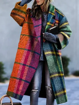 Long Sleeves Loose Contrast Color Plaid Split-Joint Lapel Outerwear Windbreakers Woolen Coat