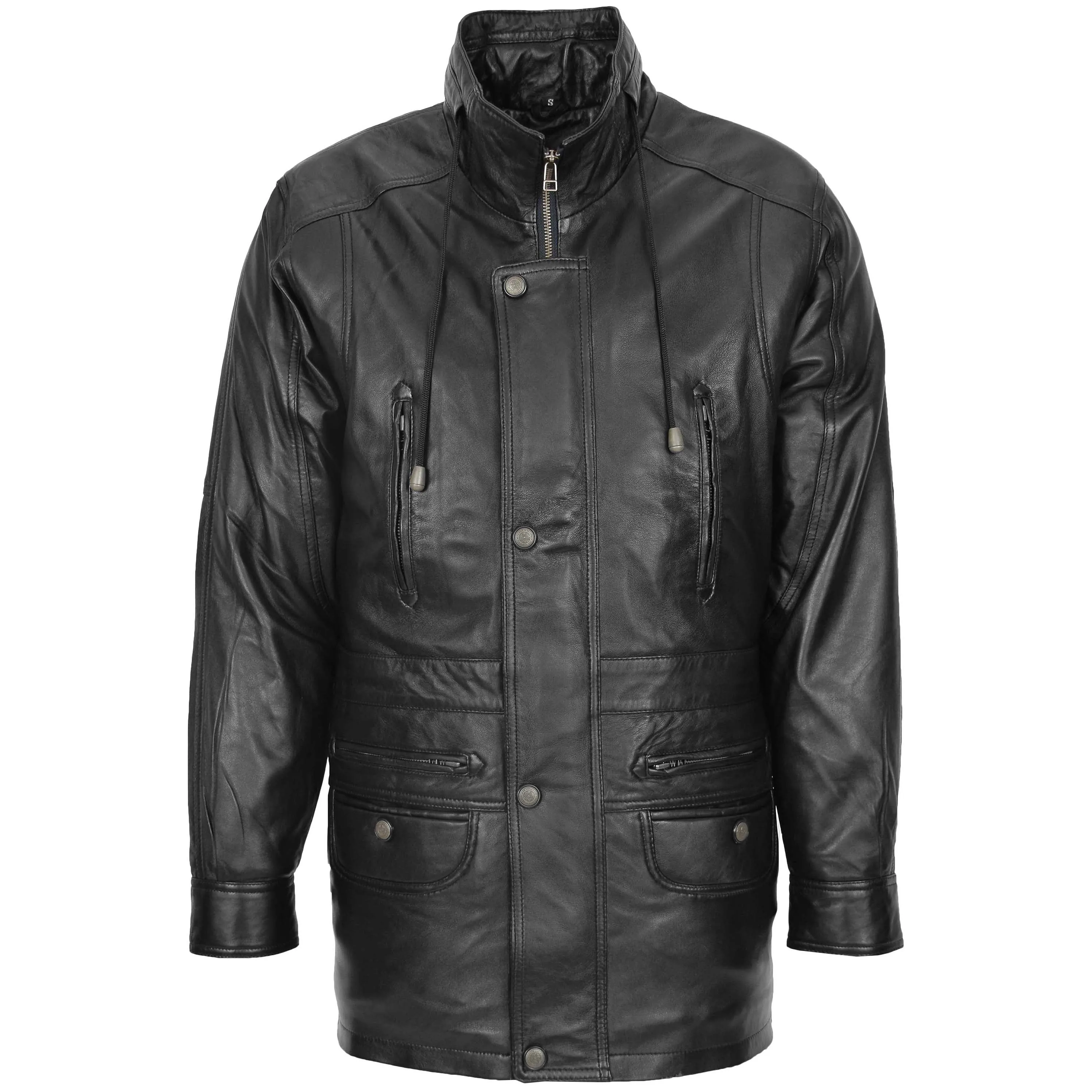 Mens Leather Winter Car Coat Hip Length Jason Black