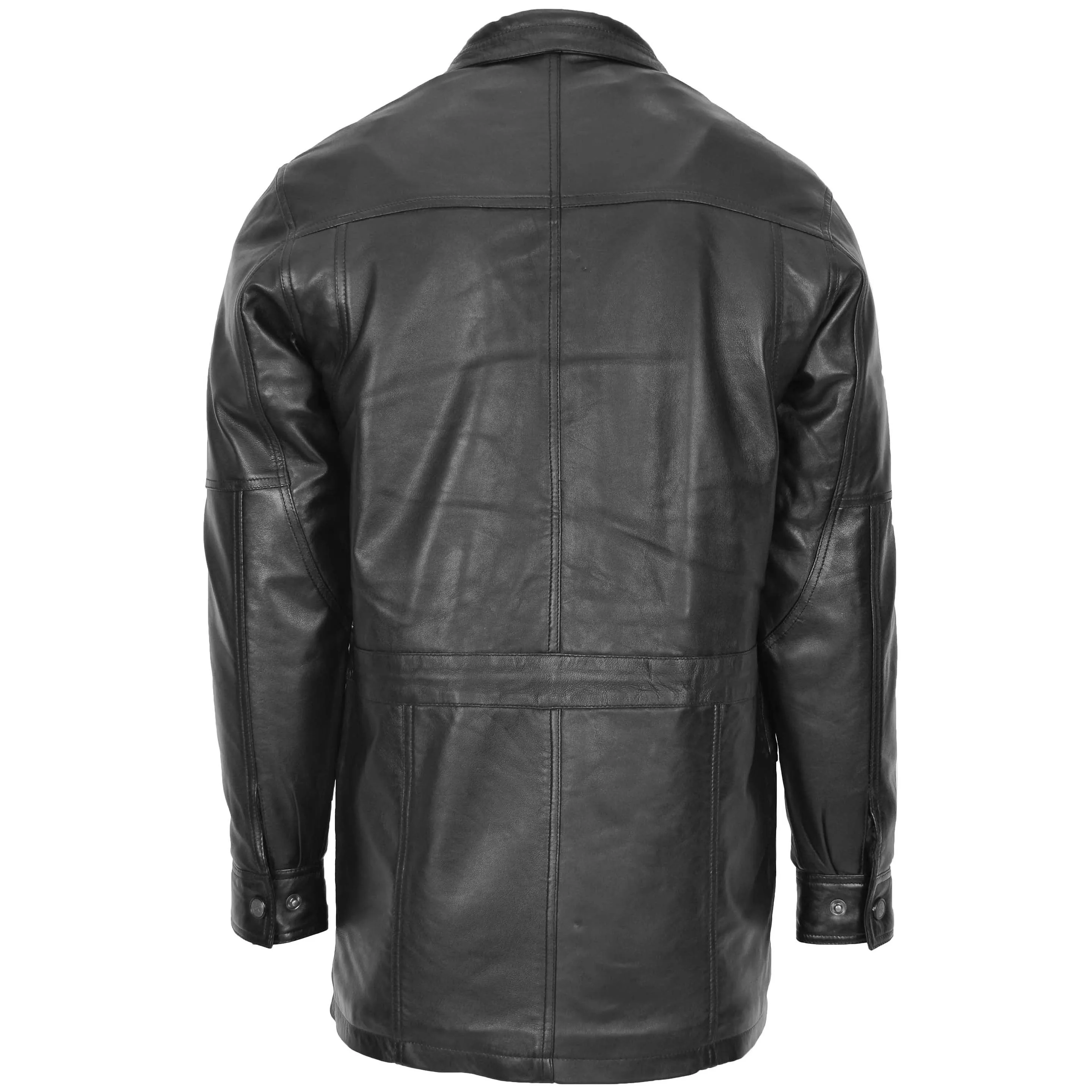 Mens Leather Winter Car Coat Hip Length Jason Black