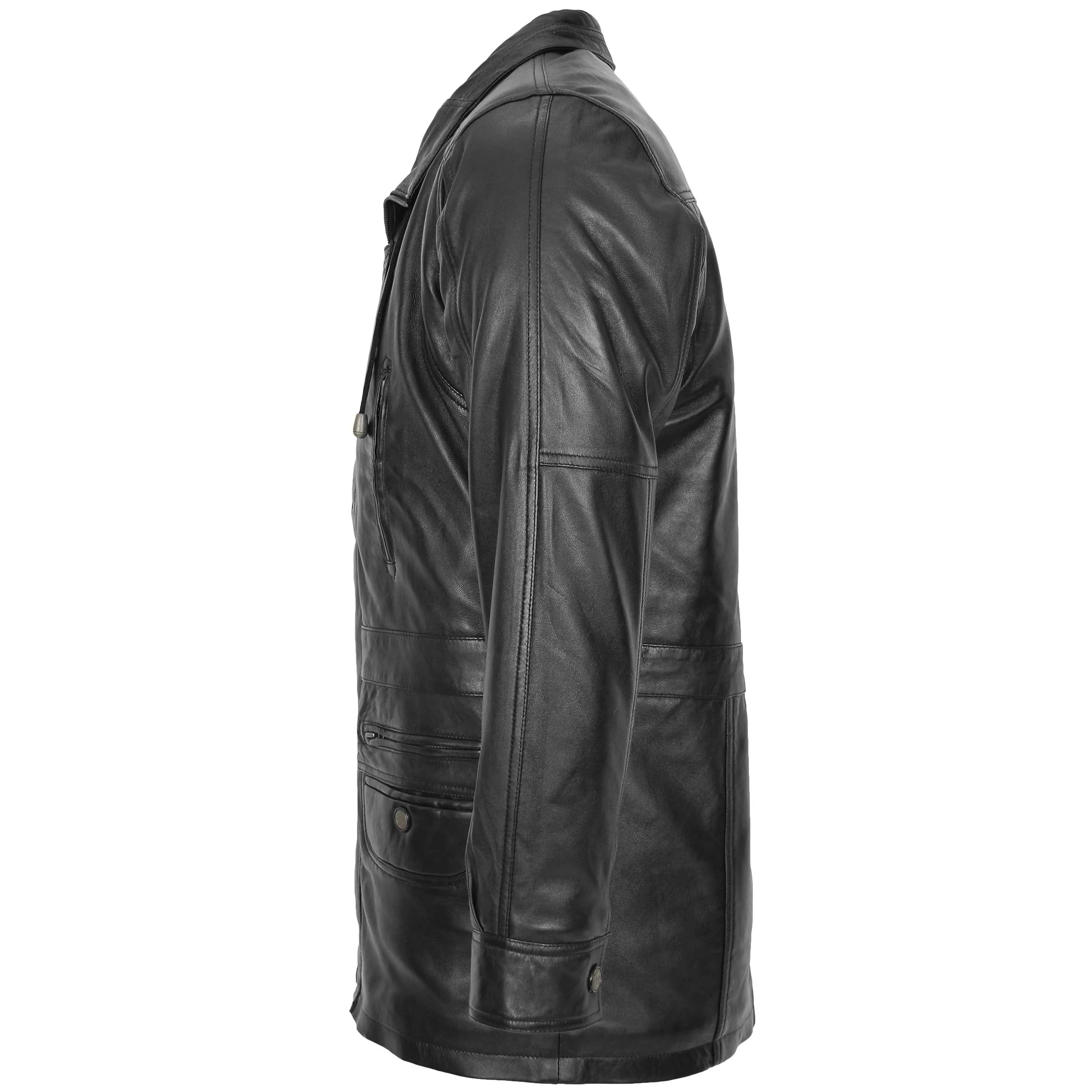 Mens Leather Winter Car Coat Hip Length Jason Black