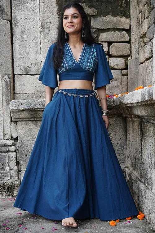 Okhai "Rasiya" Hand-Embroidery and Mirrorwork Blue Pure Cotton Blouse