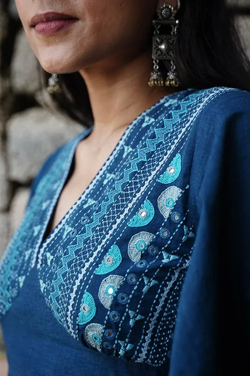 Okhai "Rasiya" Hand-Embroidery and Mirrorwork Blue Pure Cotton Blouse