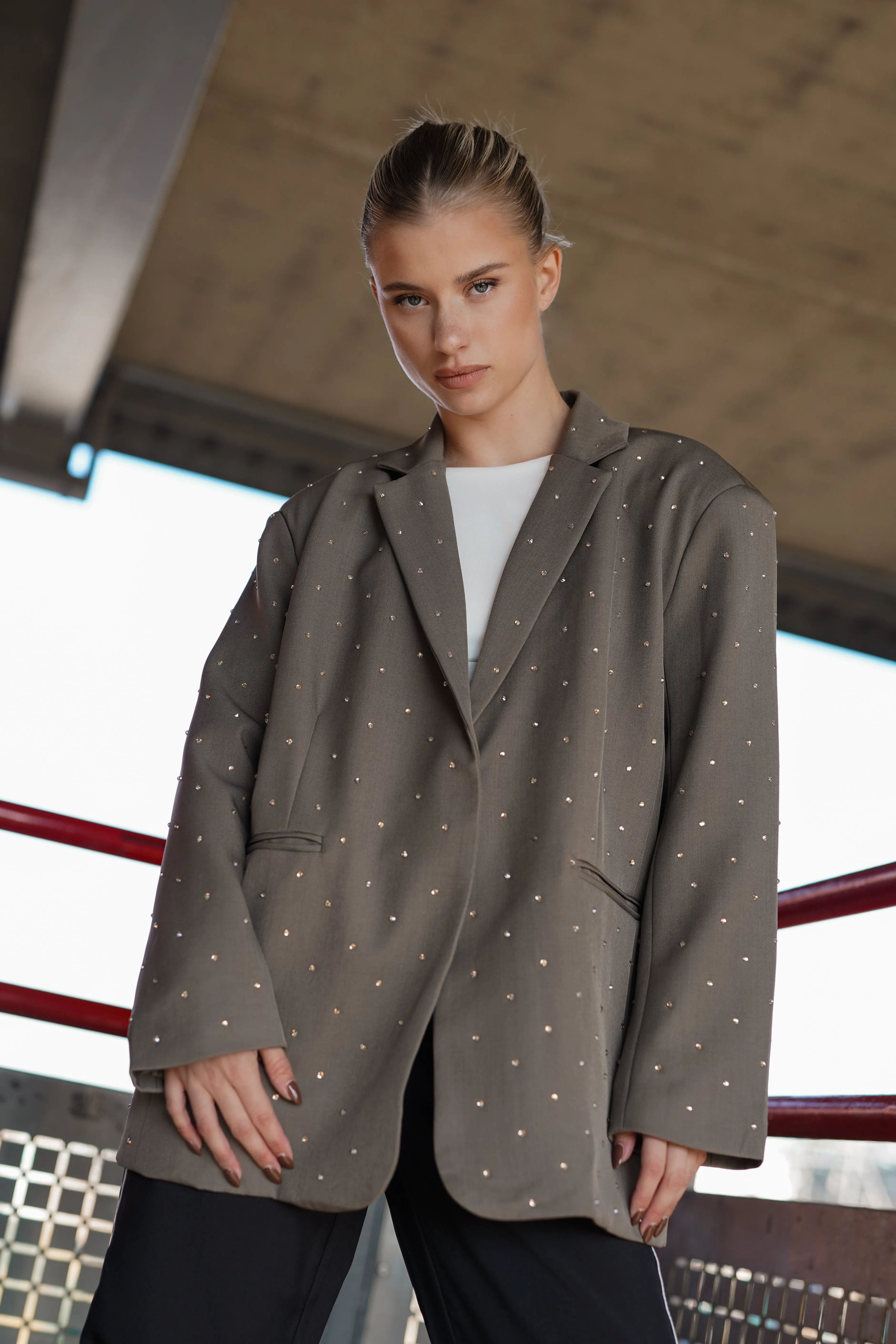 Oversized blazer met diamanten taupe - Fleur