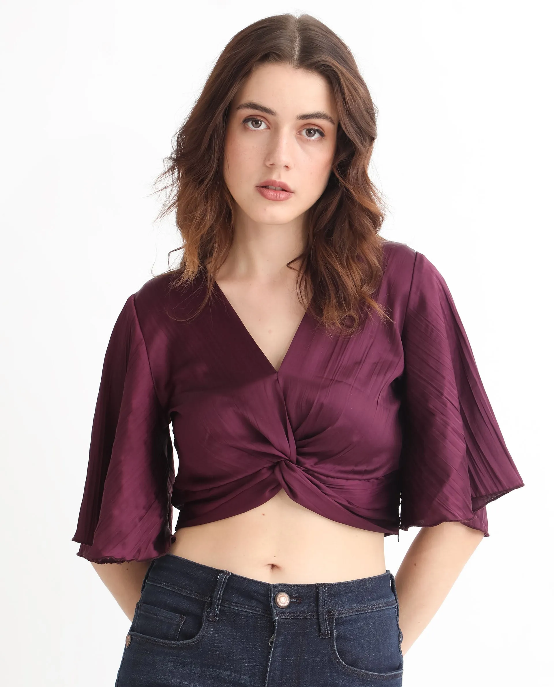 Rareism Women Ainara Dark Purple Polyester Fabric Regular Fit Cropped V-Neck Half Sleeves Solid Top