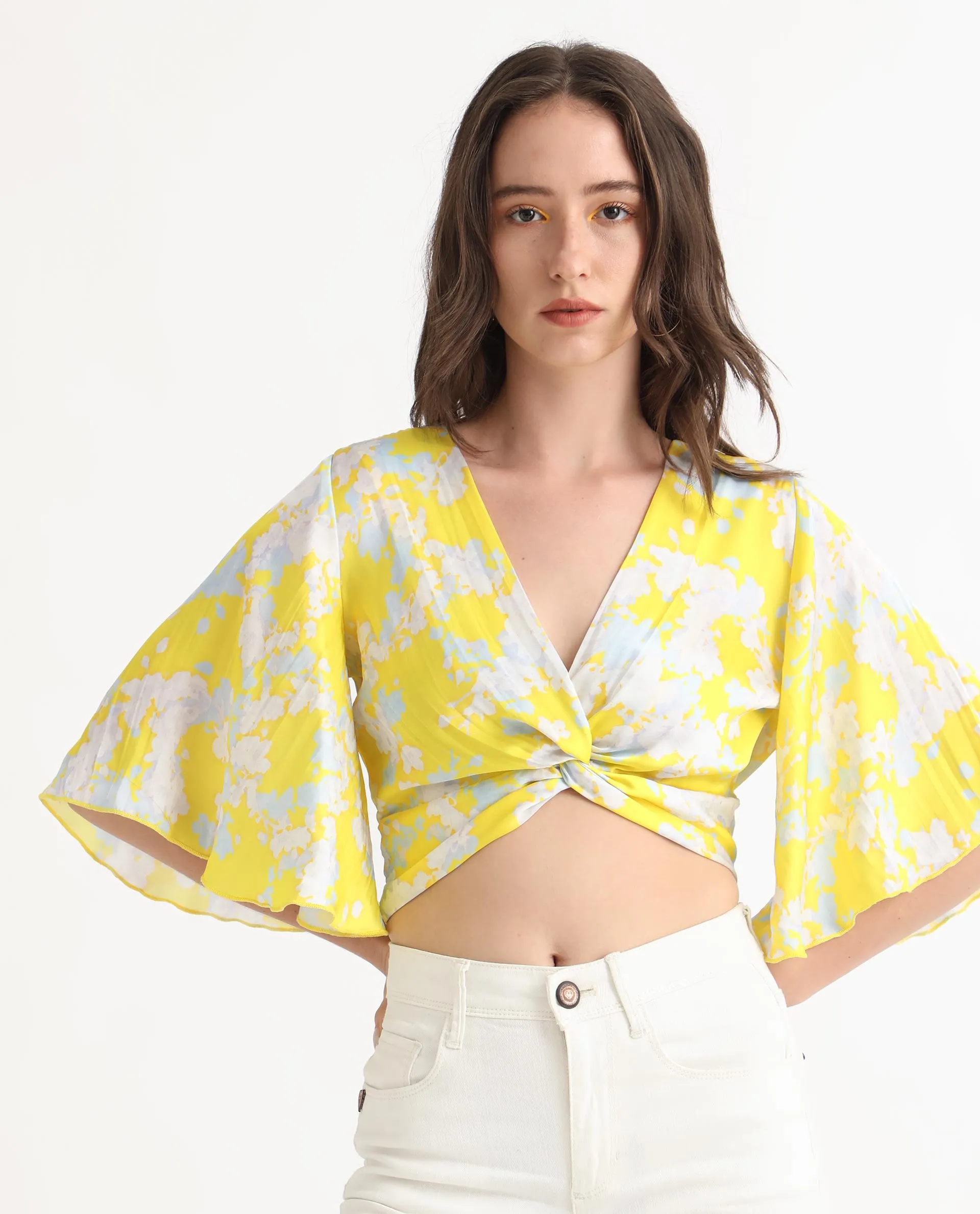 Rareism Women Ainara Yellow Polyester Fabric Short Sleeves Zip Closure V-Neck Flared Sleeve Regular Fit Abstract Print Cropped Top