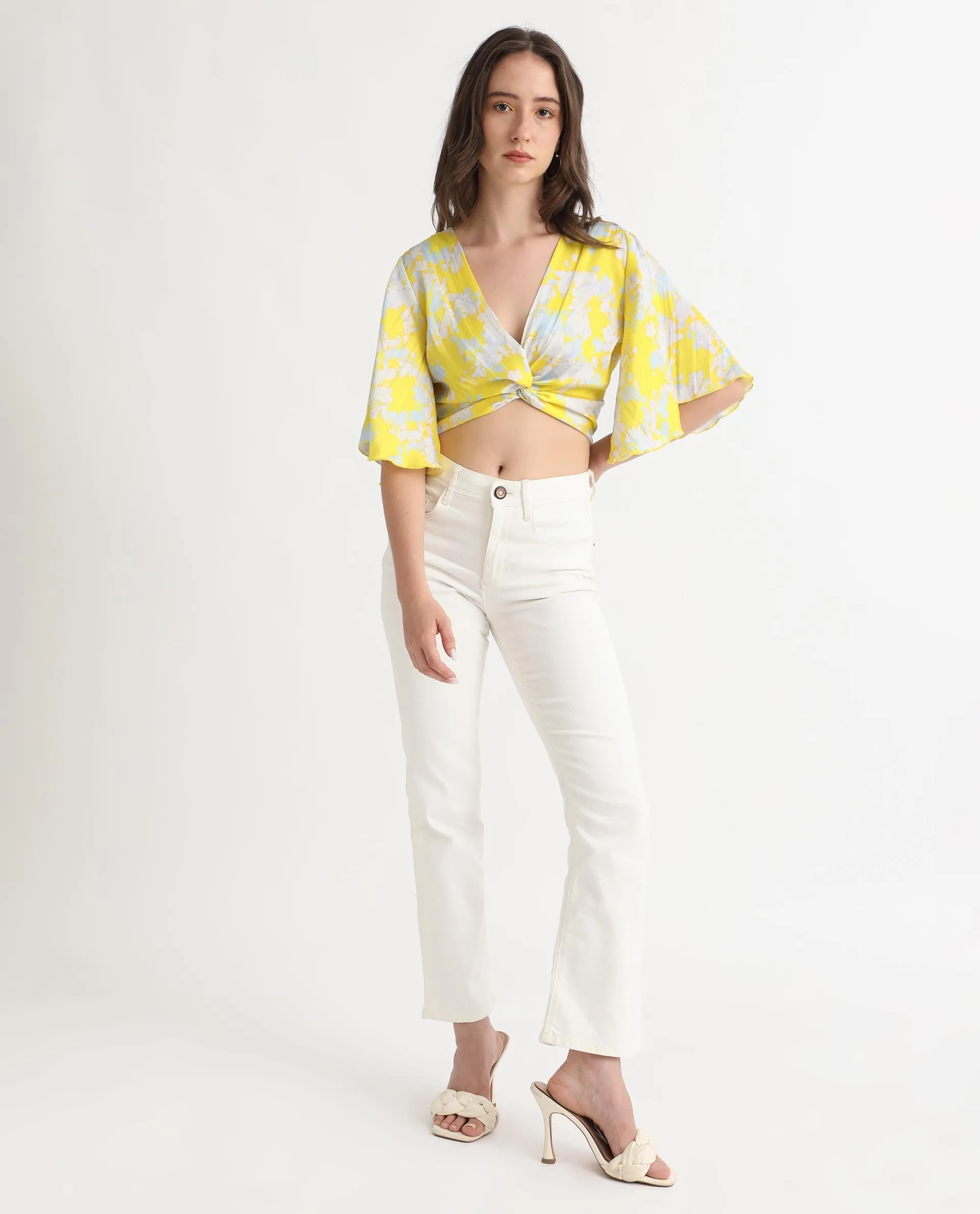 Rareism Women Ainara Yellow Polyester Fabric Short Sleeves Zip Closure V-Neck Flared Sleeve Regular Fit Abstract Print Cropped Top