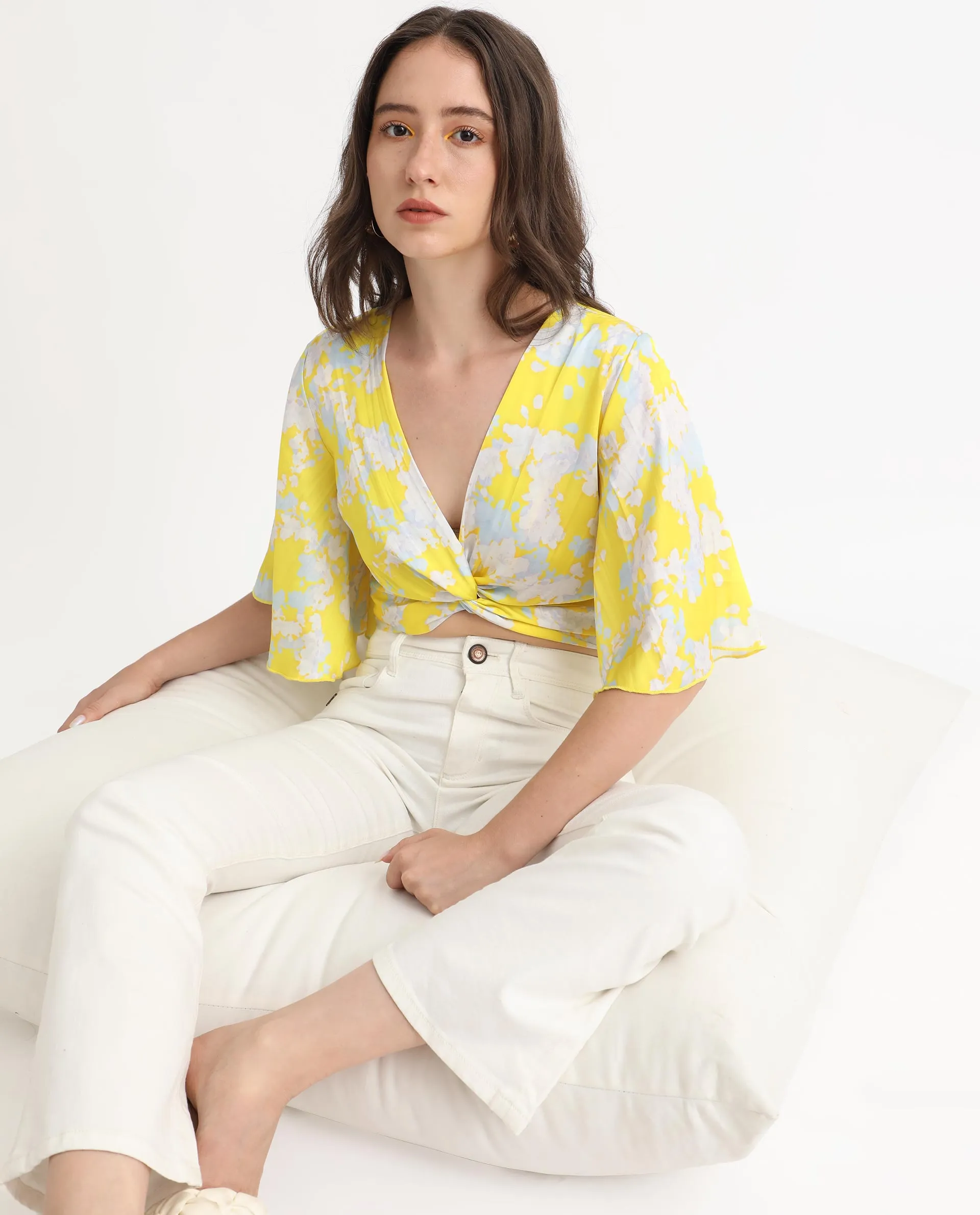 Rareism Women Ainara Yellow Polyester Fabric Short Sleeves Zip Closure V-Neck Flared Sleeve Regular Fit Abstract Print Cropped Top