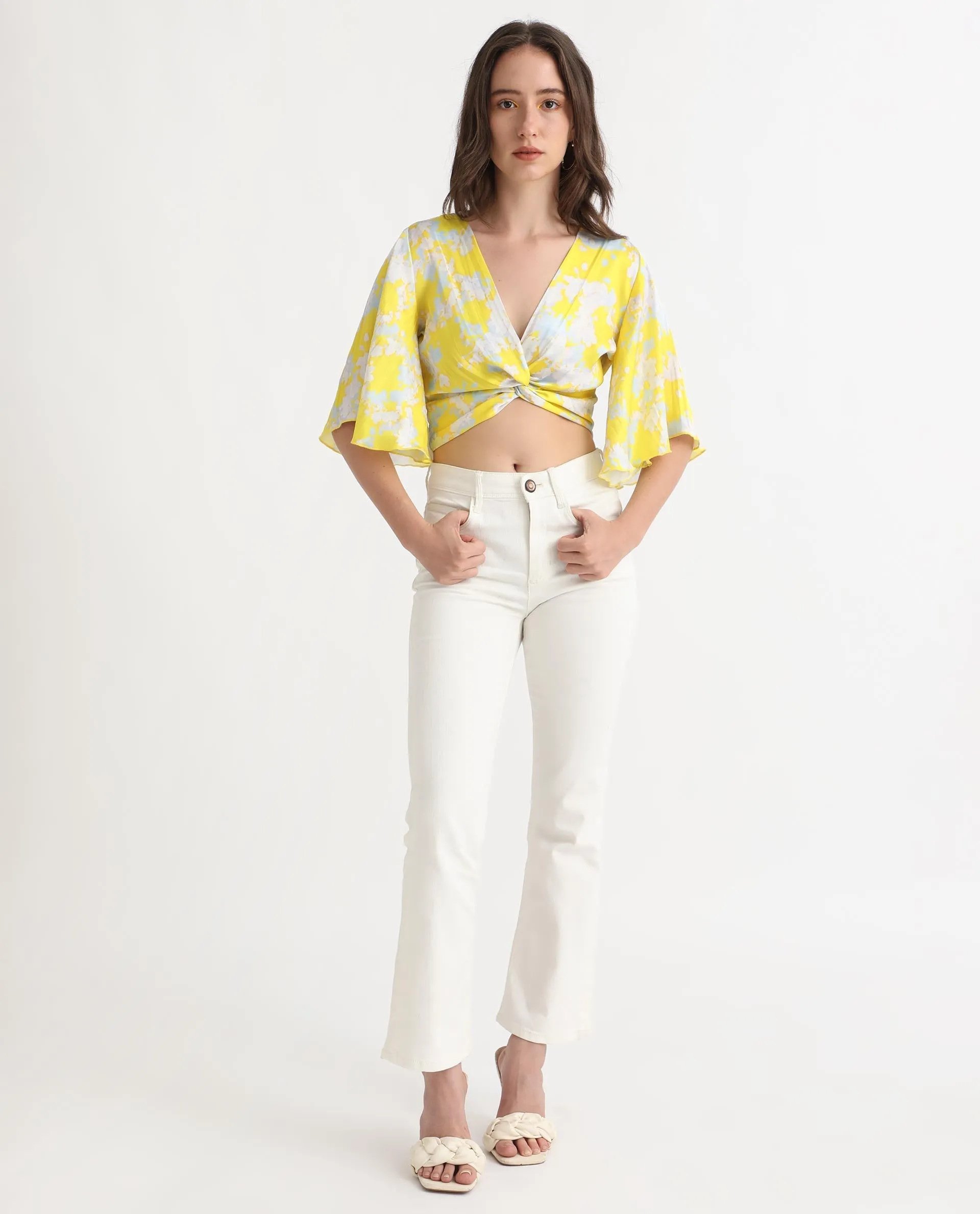 Rareism Women Ainara Yellow Polyester Fabric Short Sleeves Zip Closure V-Neck Flared Sleeve Regular Fit Abstract Print Cropped Top