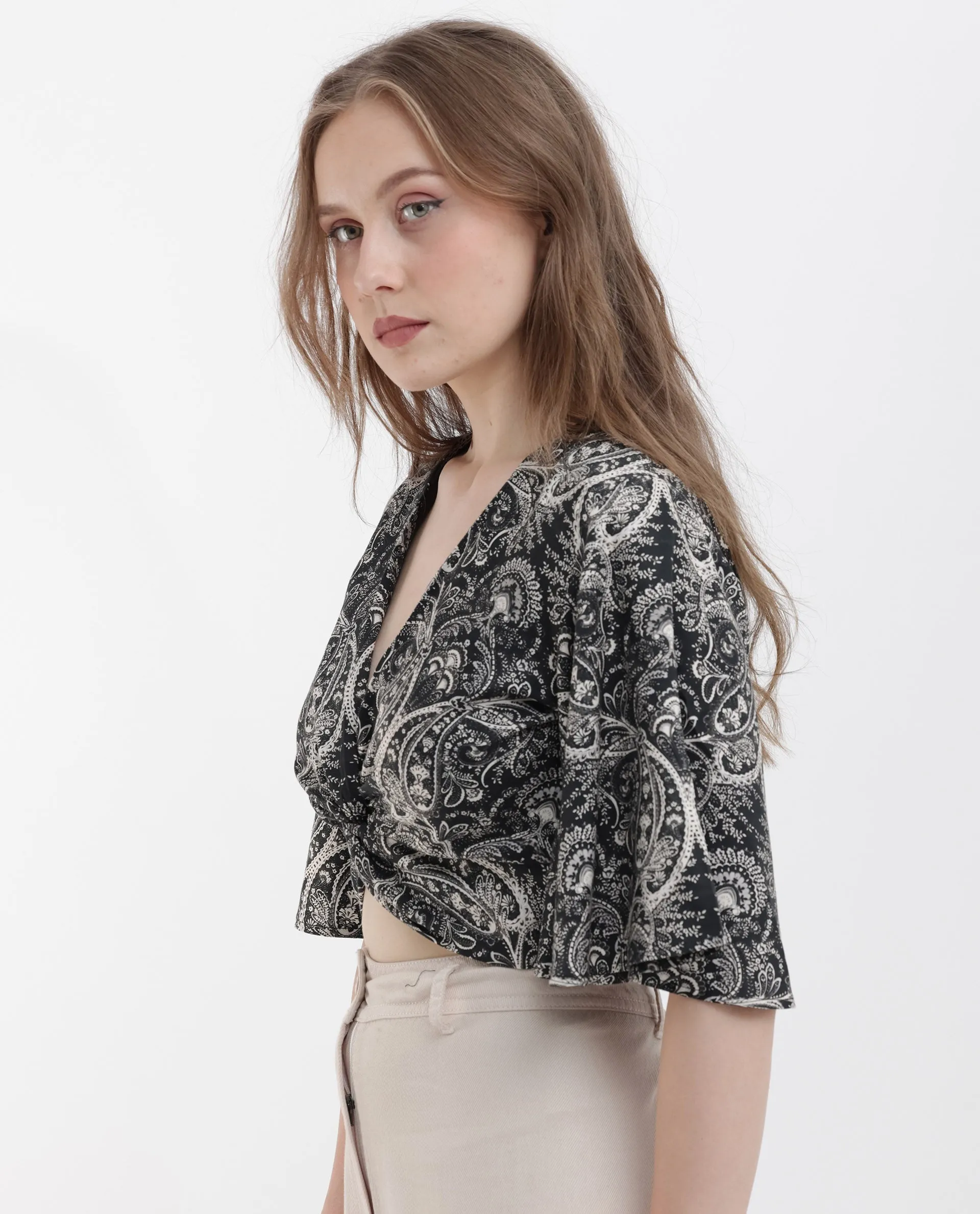 Rareism Women Clarence Black Cotton Modal Fabric Short Sleeves V-Neck Flared Sleeve Regular Fit Paisley Print Cropped Top