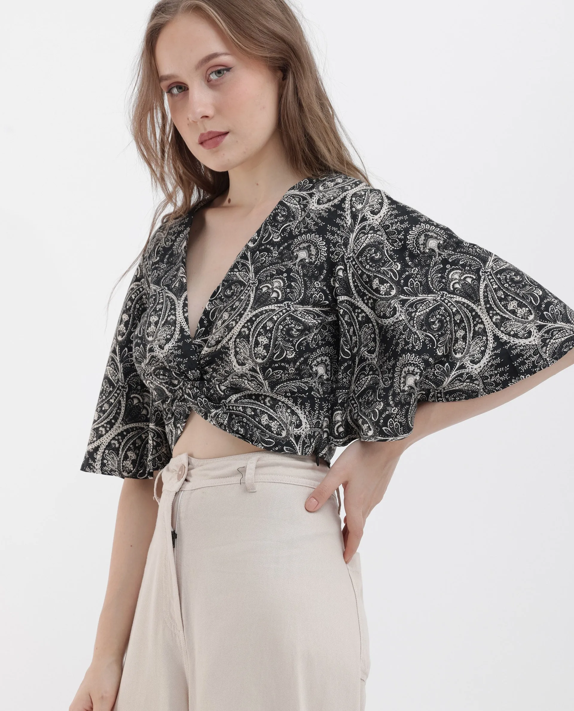 Rareism Women Clarence Black Cotton Modal Fabric Short Sleeves V-Neck Flared Sleeve Regular Fit Paisley Print Cropped Top