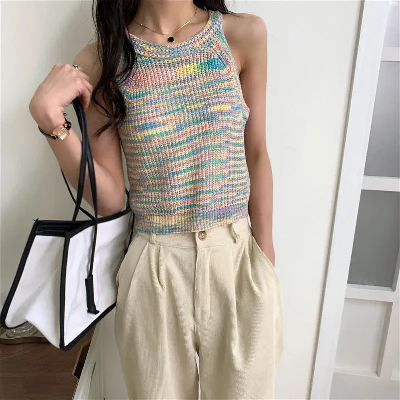 sealbeer Colorful Striped Summer Tanks Tops Women Korean Rainbow Sleeveless Shirts Top O-Neck Slim Knitted Top Slim Sexy Streetwear