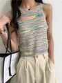 sealbeer Colorful Striped Summer Tanks Tops Women Korean Rainbow Sleeveless Shirts Top O-Neck Slim Knitted Top Slim Sexy Streetwear