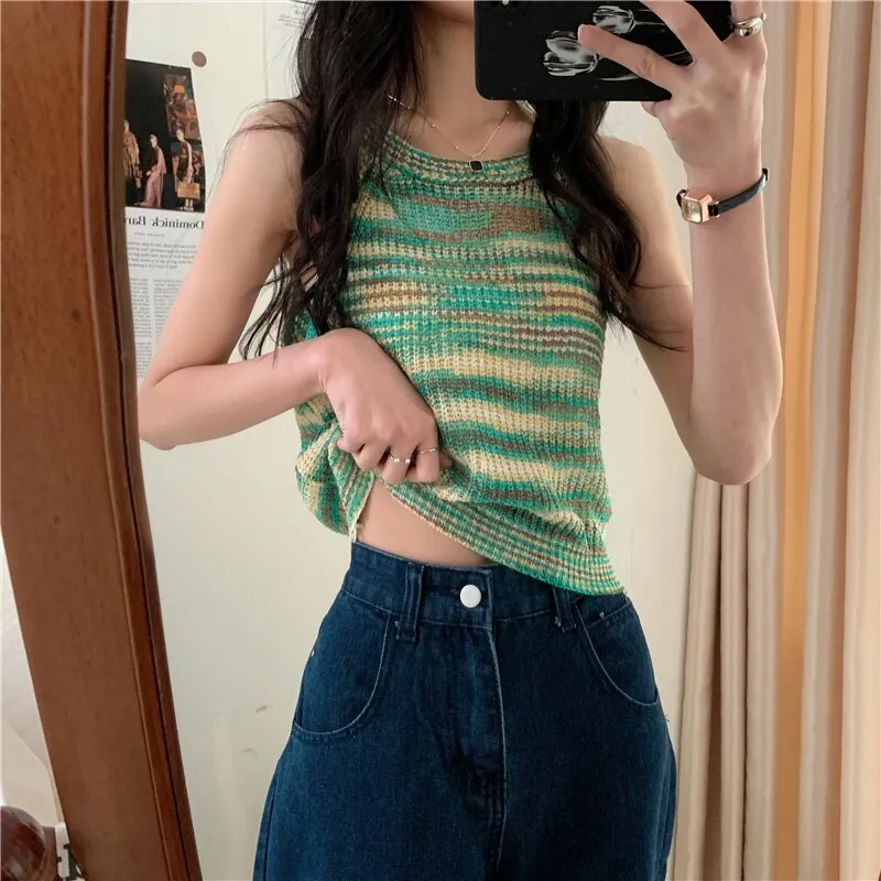 sealbeer Colorful Striped Summer Tanks Tops Women Korean Rainbow Sleeveless Shirts Top O-Neck Slim Knitted Top Slim Sexy Streetwear