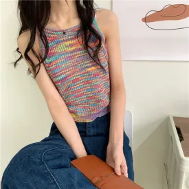 sealbeer Colorful Striped Summer Tanks Tops Women Korean Rainbow Sleeveless Shirts Top O-Neck Slim Knitted Top Slim Sexy Streetwear