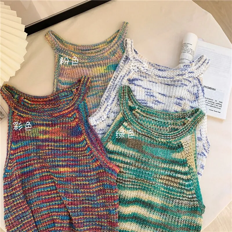 sealbeer Colorful Striped Summer Tanks Tops Women Korean Rainbow Sleeveless Shirts Top O-Neck Slim Knitted Top Slim Sexy Streetwear