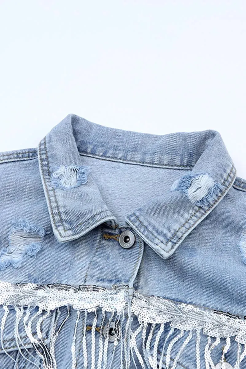 Sequin Embellished Fringe Distressed Denim Jacket