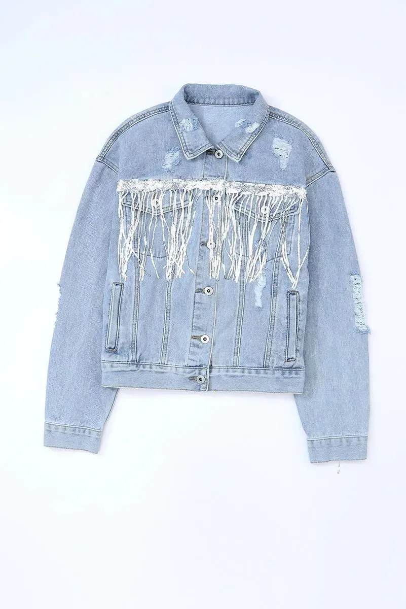 Sequin Embellished Fringe Distressed Denim Jacket