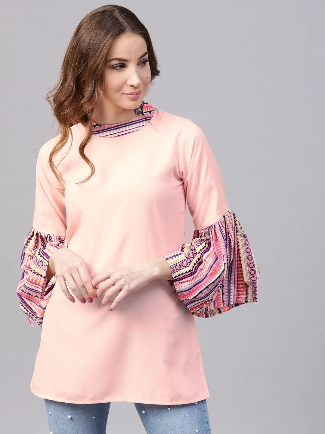 Solid Pink Flared Sleeve Crepe Tunics