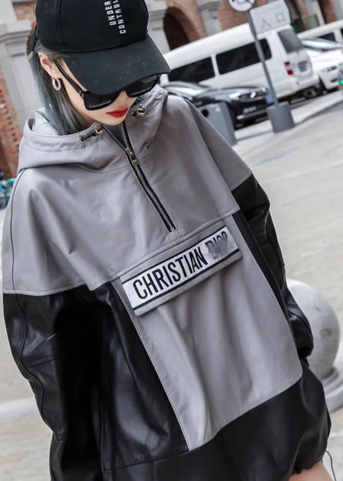 Streetwear Black Grey Hooded Patchwork Drawstring Leather Pullover Coats Long Sleeve