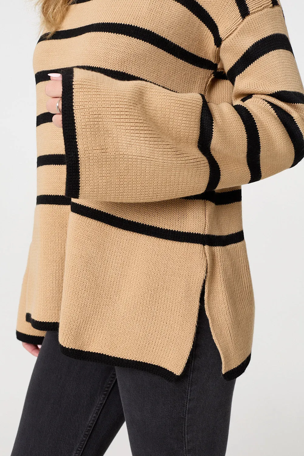 Striped Flare Sleeve Roll Neck Jumper