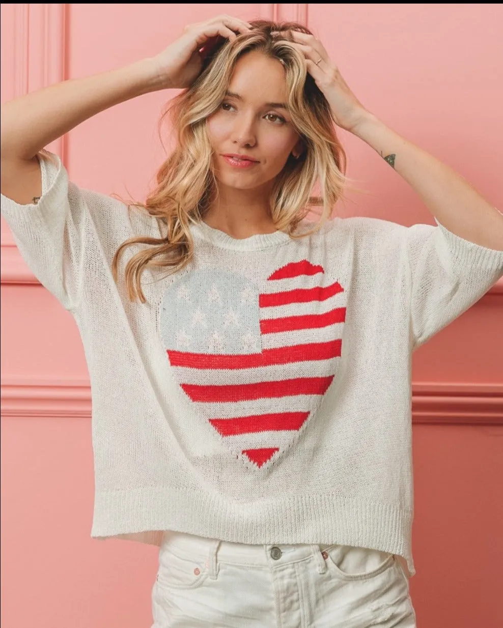 Striped Heart Contrast Knit Top