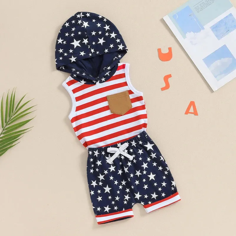 Toddler Boys Independence Day 4th Of July Outfits 2PCS Sleeveless Hooded Tops Shorts Kids