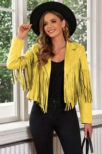 Trend Alert: Fringe Trim Lapel Collar Cropped Blazer for Chic Fashionistas