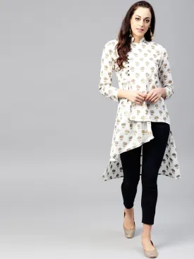 White Asymetric Printed Tunic With Madarin Collar And 3/4 Sleeves