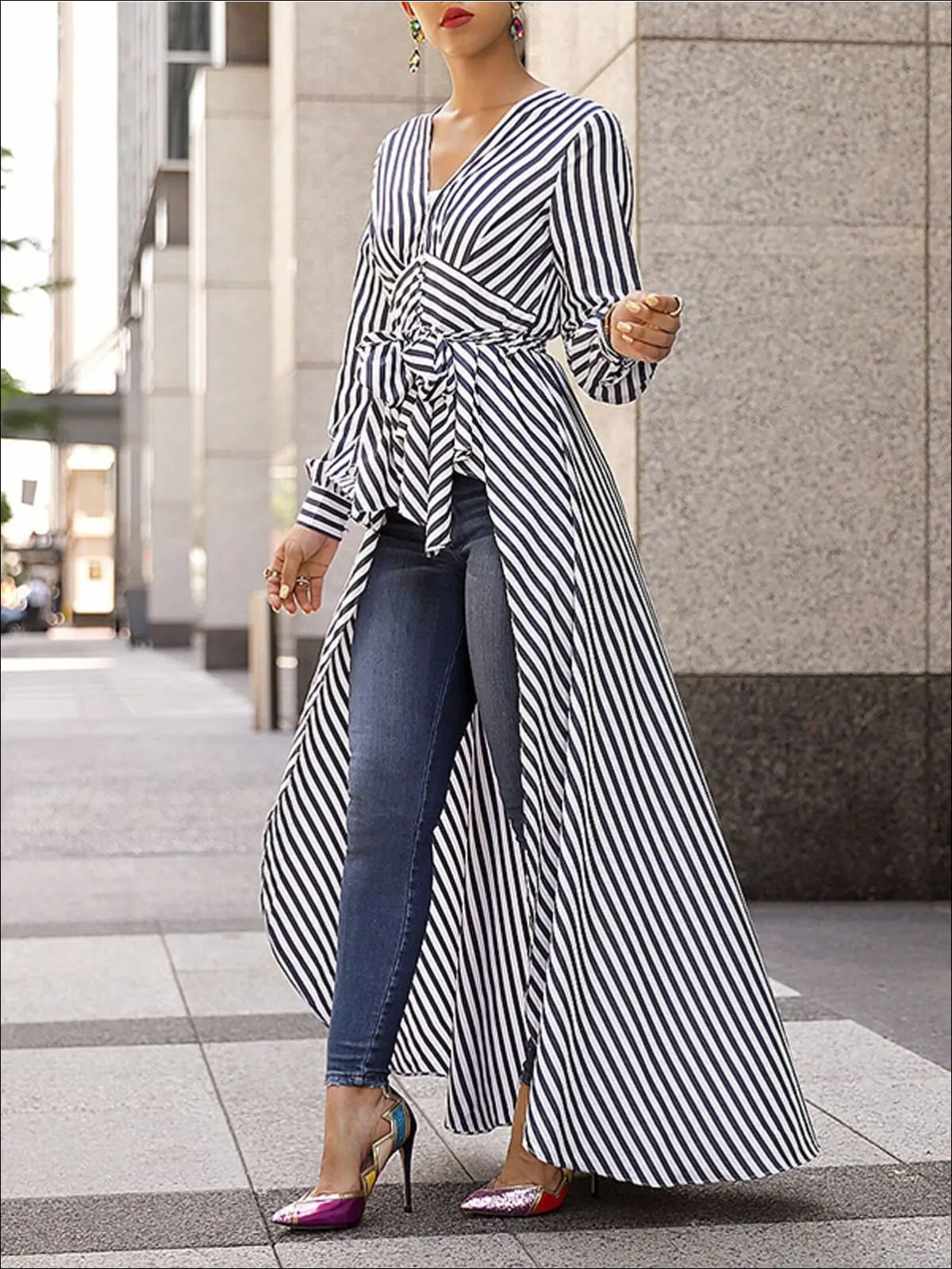 Women's Fashion Striped Tie Up Waist Long Tail Blouse