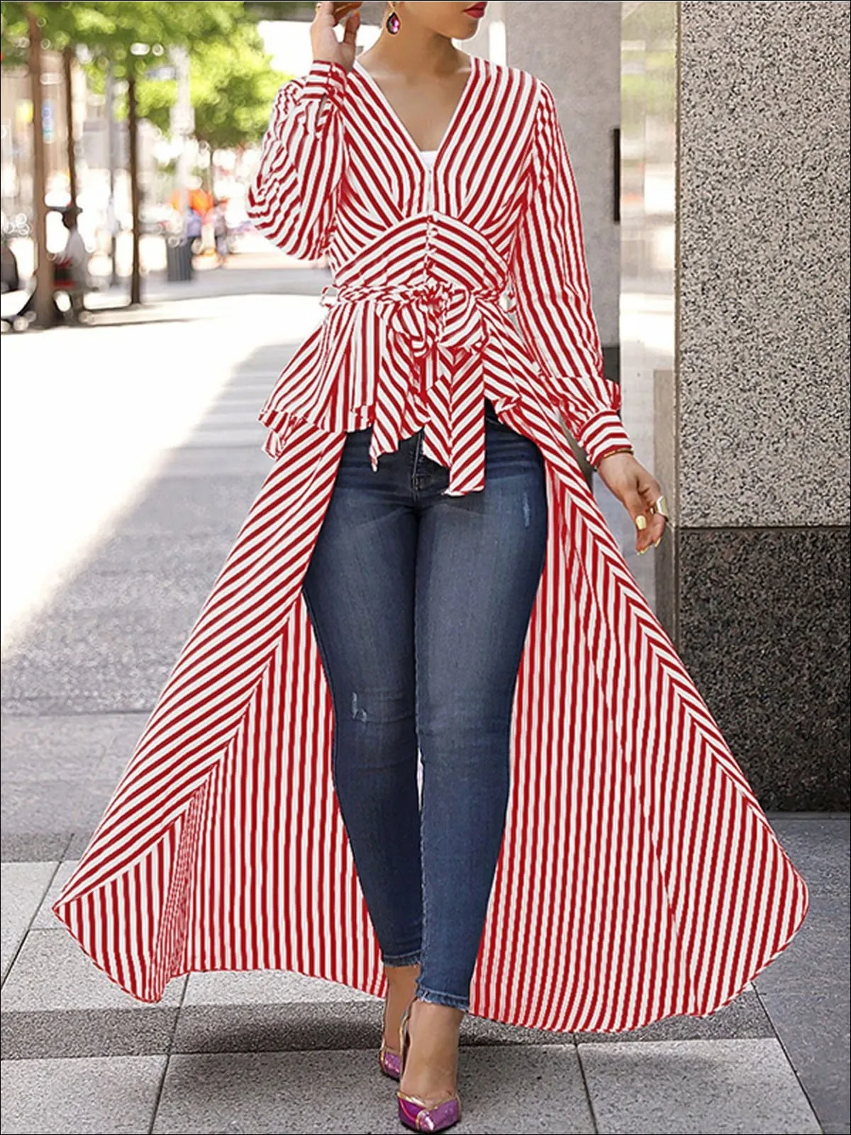 Women's Fashion Striped Tie Up Waist Long Tail Blouse