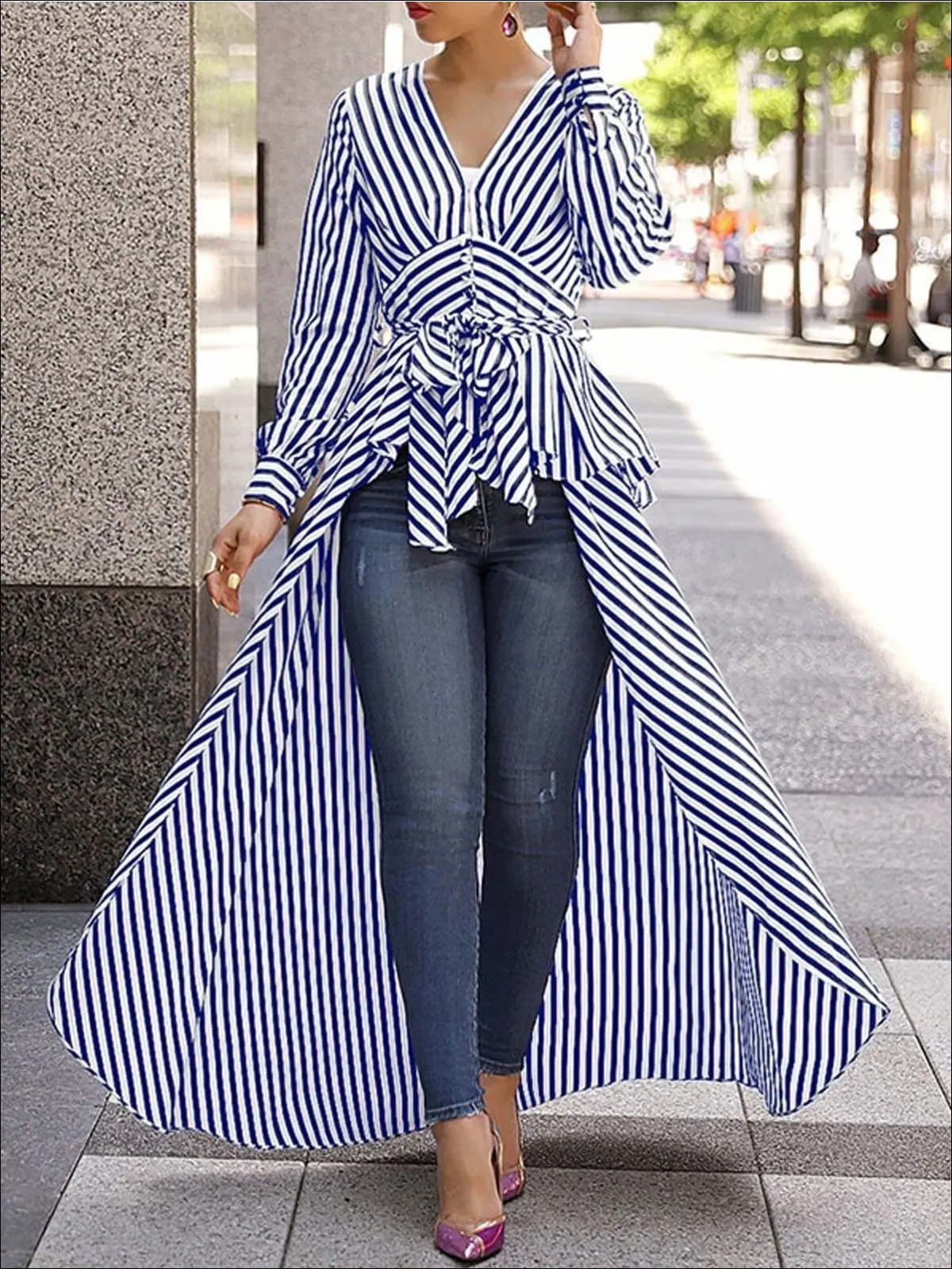 Women's Fashion Striped Tie Up Waist Long Tail Blouse