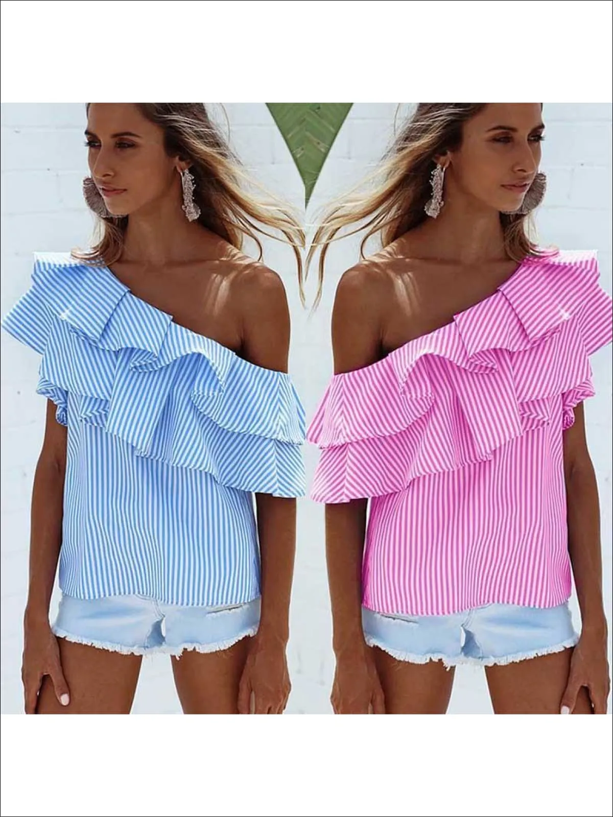 Women's One Open Shoulder Striped Ruffled Blouse