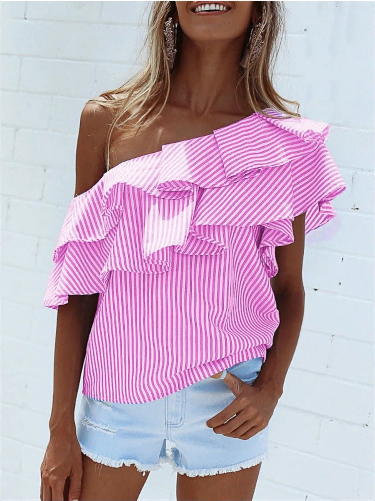 Women's One Open Shoulder Striped Ruffled Blouse